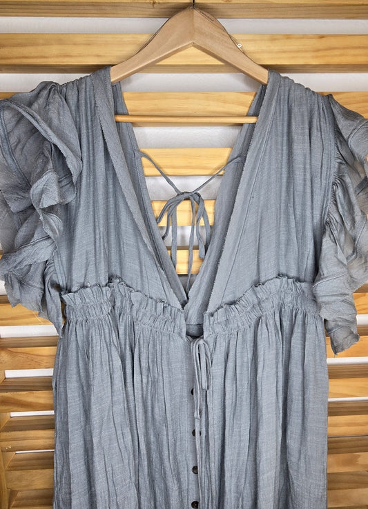 Deep V Neckline Ruffle Maxi Dress (Earl Gray)