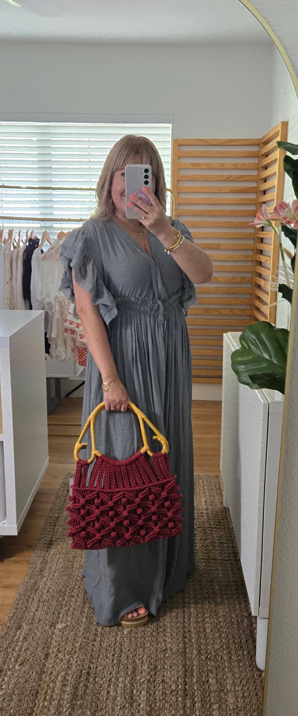 Cotton Macrame Bag with Cane Handles