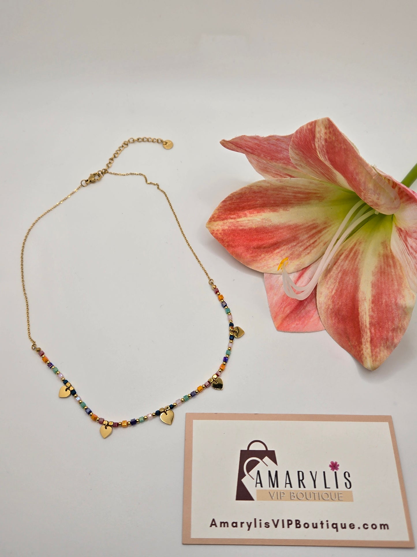 Delicate 18K Gold Necklace with Colorful Beads and Multiple Heart Charms (Tarnish-Free)