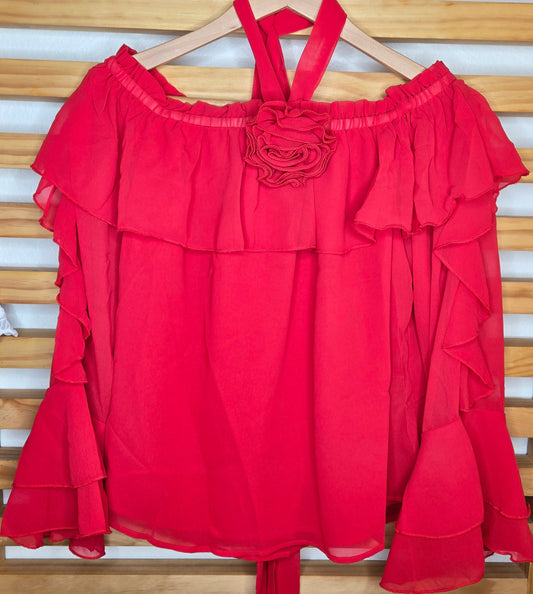Off-the-Shoulder Rose Corsage Red Blouse with Ruffled Sleeves