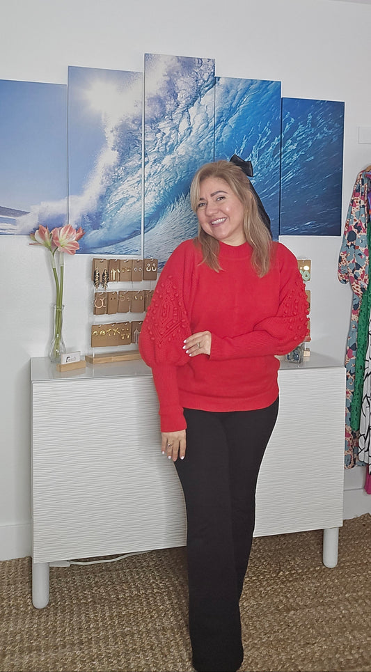 #RedSweater #PomPomSweater #BalloonSleeveTop #CozyKnitwear #RelaxedFit #FashionComfort #WinterStyle #KnitSweater #PomPomDetails #CasualChic amarylisvipboutique