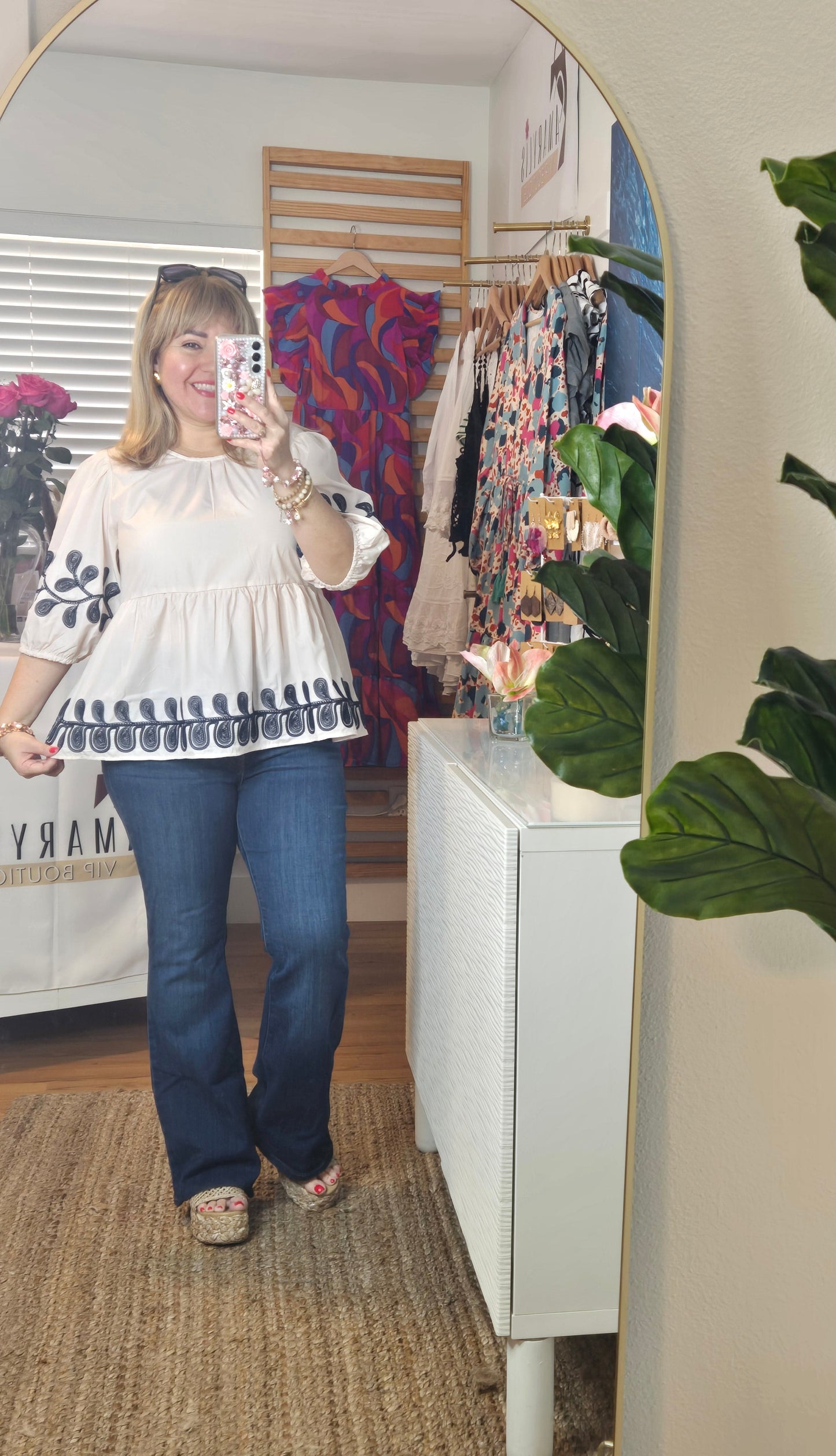 Embroidered Top, Half Sleeve Top, Poplin Blouse, Lightweight Style, Boho Chic, Elegant Look, Timeless Fashion, Classic Style, Casual Chic, Wardrobe Essential.