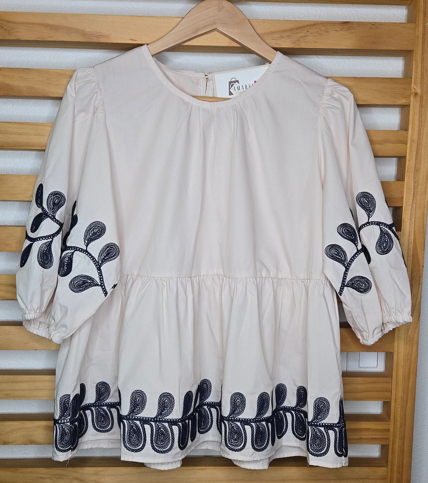 Embroidered Top, Half Sleeve Top, Poplin Blouse, Lightweight Style, Boho Chic, Elegant Look, Timeless Fashion, Classic Style, Casual Chic, Wardrobe Essential.