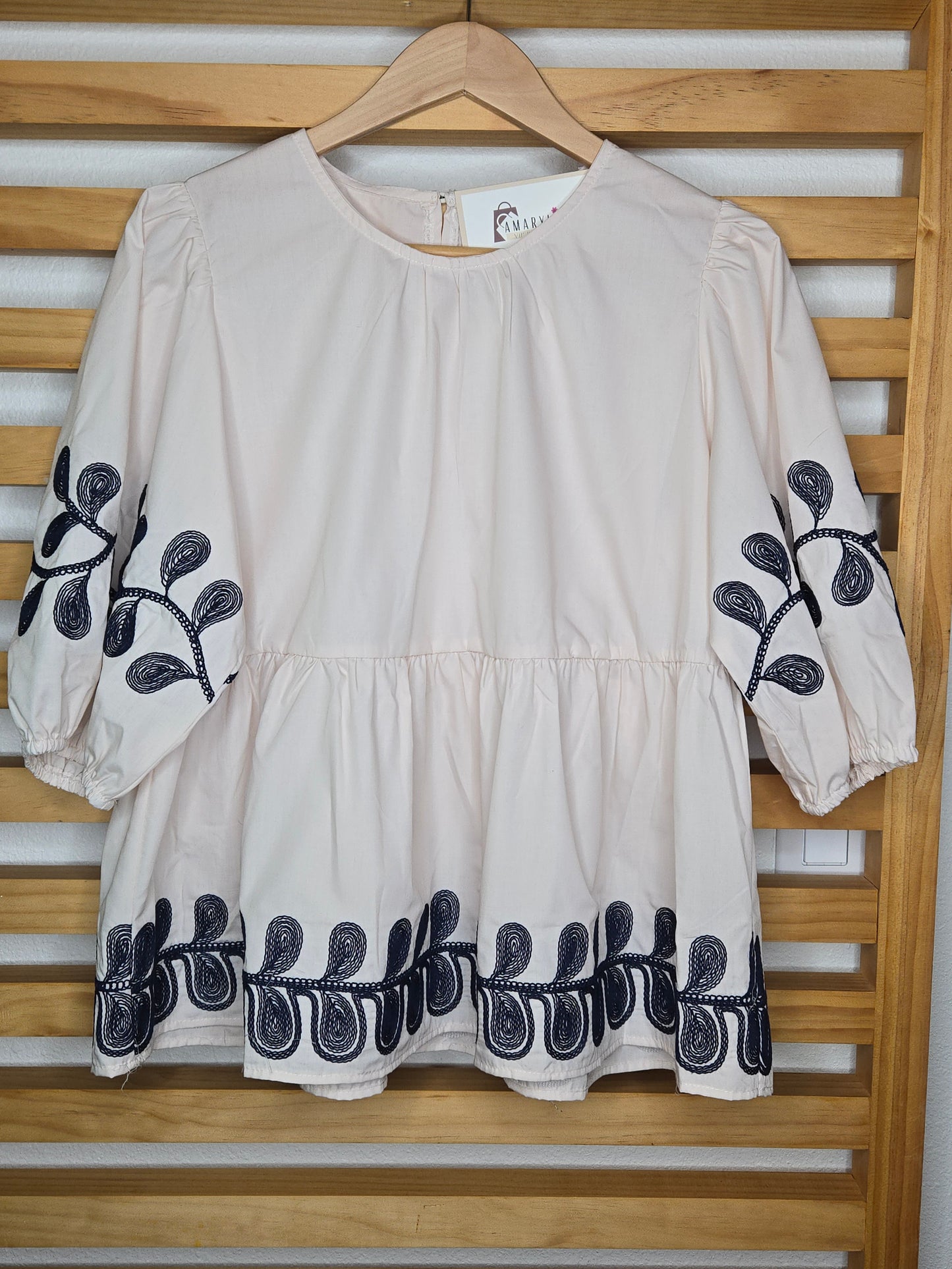 Embroidered Top, Half Sleeve Top, Poplin Blouse, Lightweight Style, Boho Chic, Elegant Look, Timeless Fashion, Classic Style, Casual Chic, Wardrobe Essential.