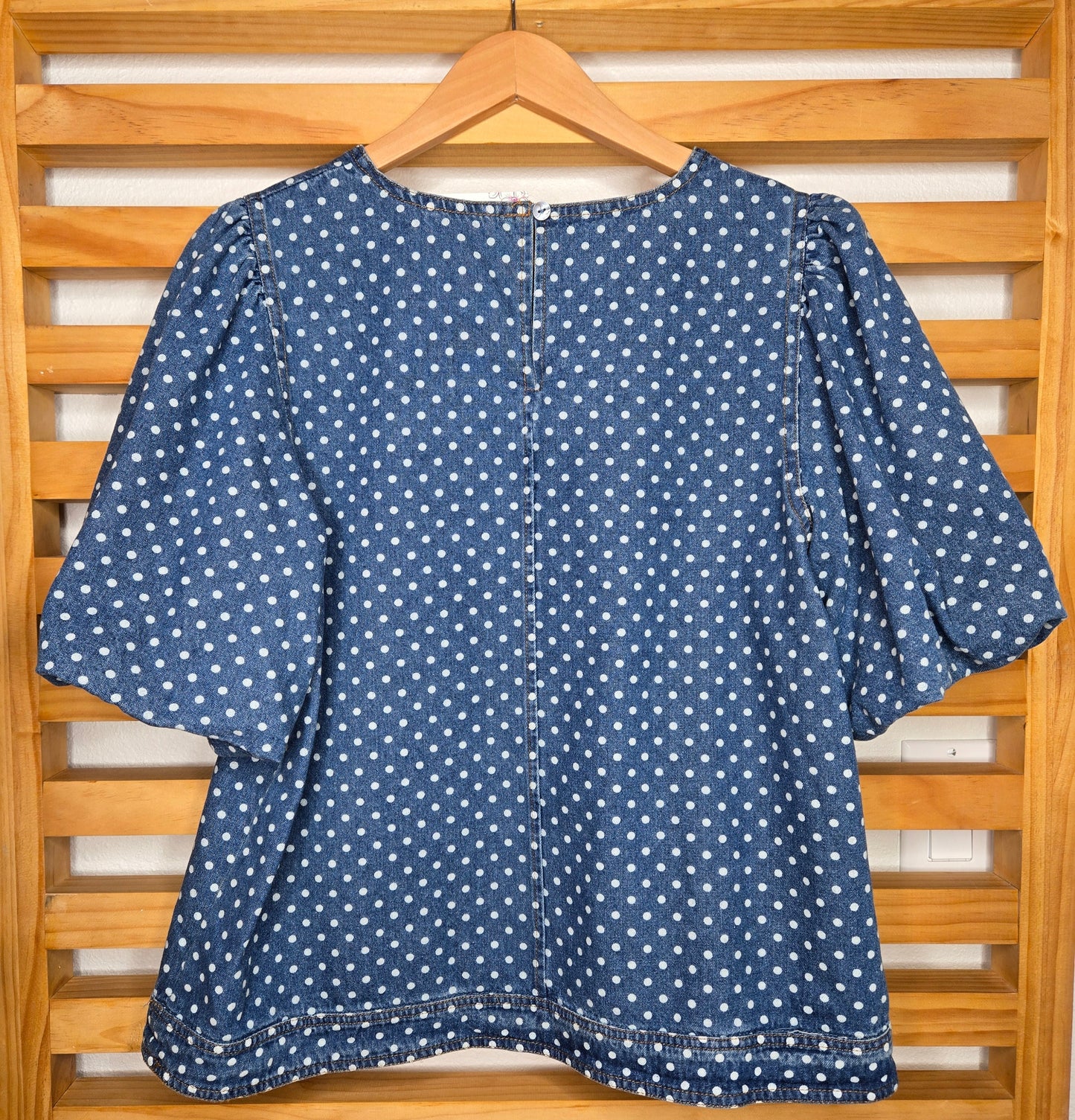 denim top, polka dot blouse, casual chic, boho fashion, lightweight denim, effortless style, everyday wear, trendy outfit, relaxed fit, soft fabric, amarylis VIP boutique