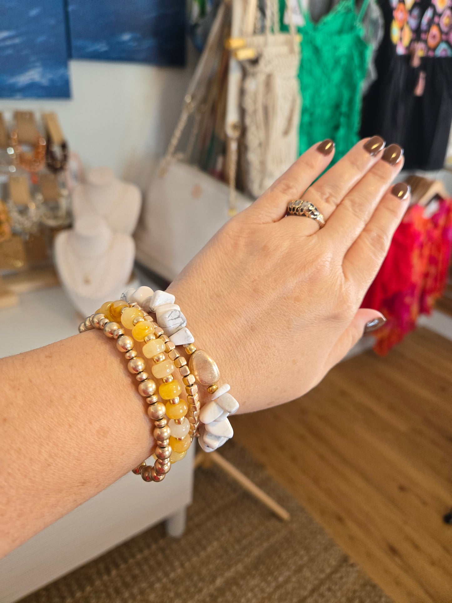 metallic bracelet, stone chip jewelry, beaded bracelet set, boho chic accessories, women’s bracelets, statement jewelry, layered bracelet set