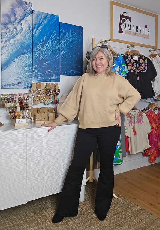 knit sweater, balloon sleeve sweater, crew neck top, ribbed knit, soft knitwear, casual pullover, women’s spring top, cozy sweater, high low hem, breathable sweater