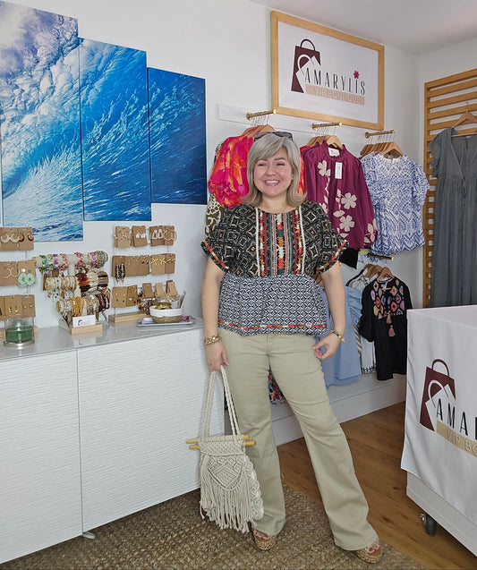 This piece is perfect for lovers of boho embroidered tops, mixed print blouses, and romantic bohemian clothing. A versatile short sleeve boho top designed for women who appreciate feminine, effortless style.