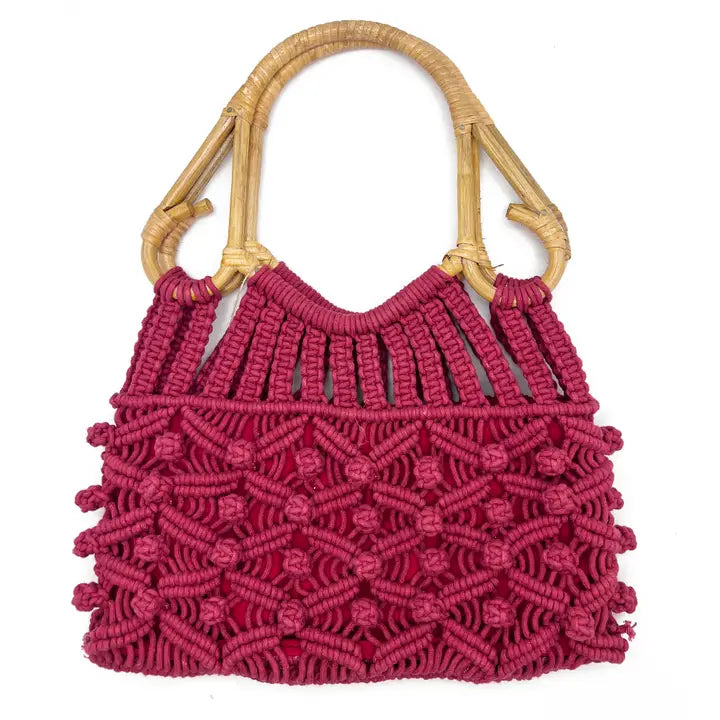 Cotton Macrame Bag with Cane Handles