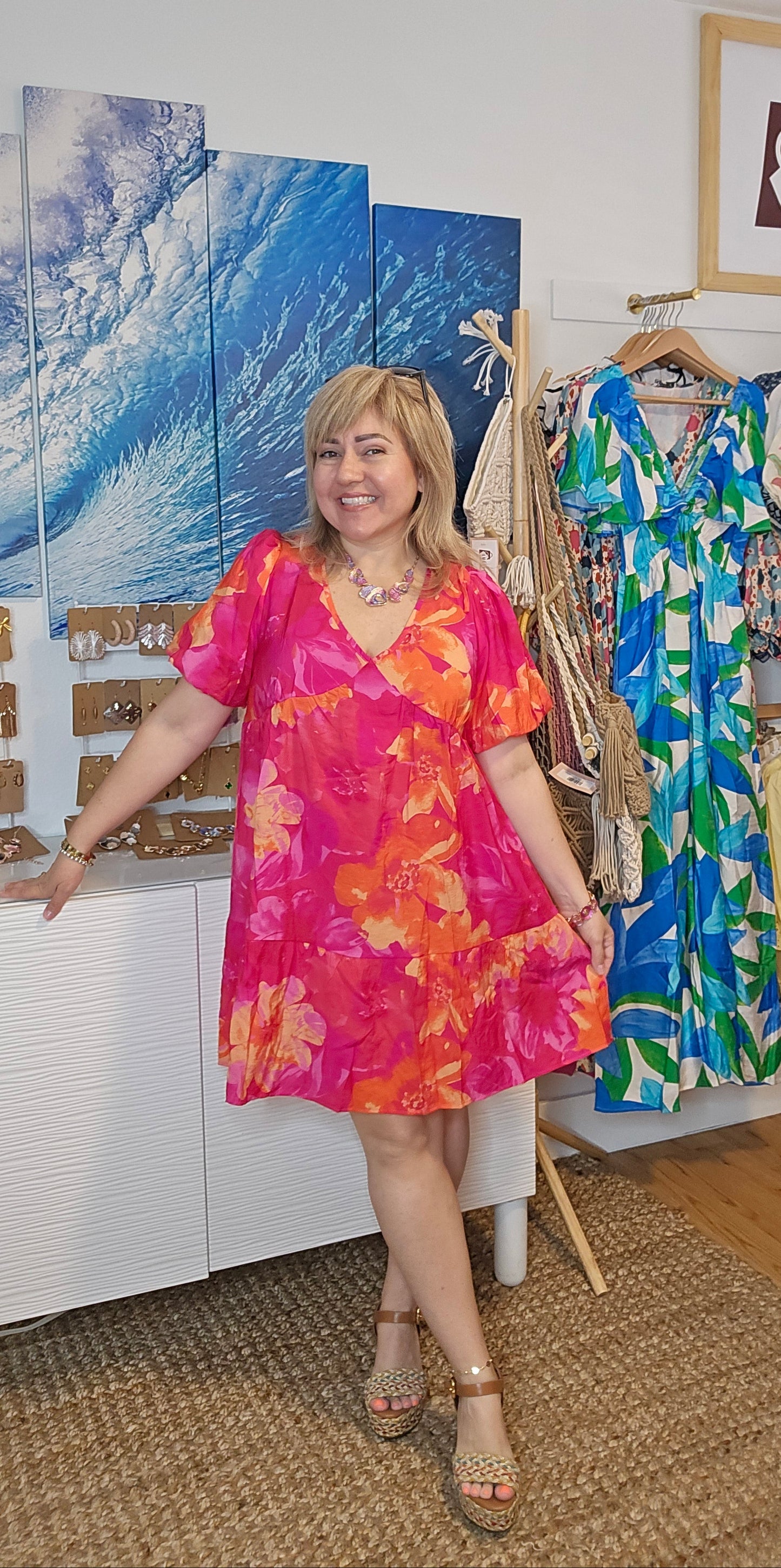 floral mini dress, V-neck dress, puff sleeves, elastic cuffs, tiered ruffles, tie back dress, airy A-line, relaxed fit, summer dress, lightweight dress, amarylisvipboutique, amarylis