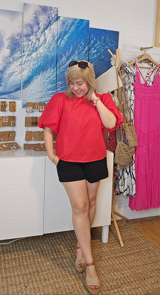 red blouse, bow tie back, bubble sleeves, v-back blouse, feminine top, summer blouse, breathable top, lined blouse, elastic trim, romantic blouse, amarylisvipboutique