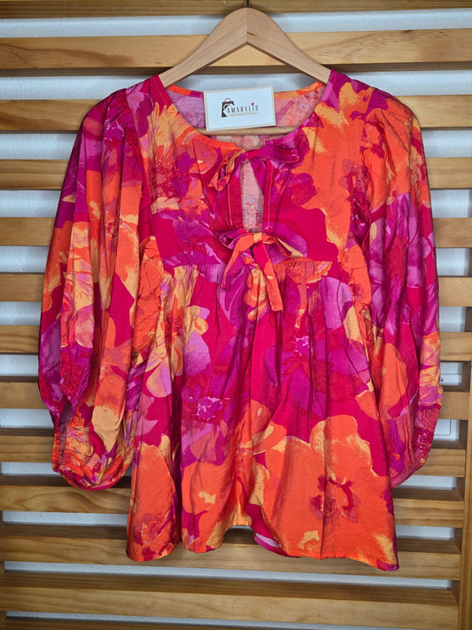 floral blouse, balloon sleeves, tie-front top, keyhole neckline, boho style, romantic blouse, feminine fashion, lightweight blouse