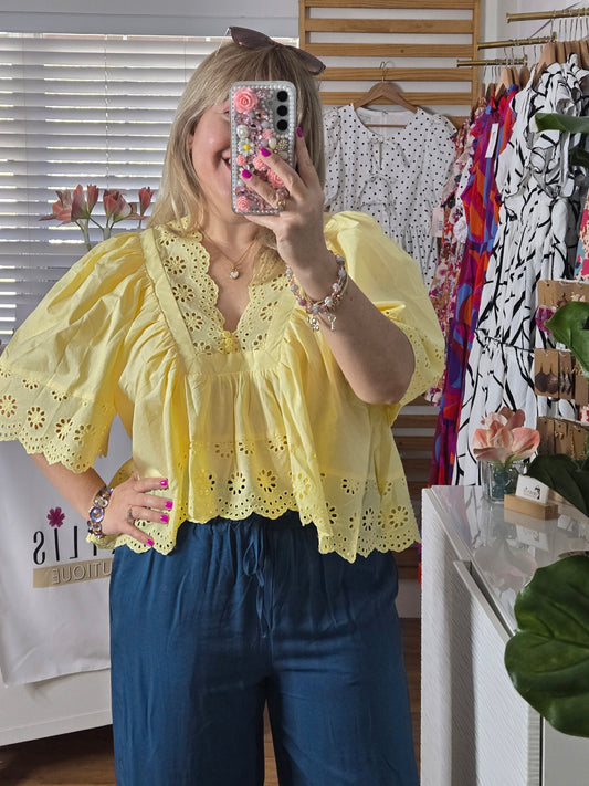 Eyelet Trim Yellow Short Sleeve Top