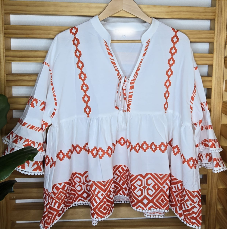 Ethnic Print V-Neck Stitched Shirt