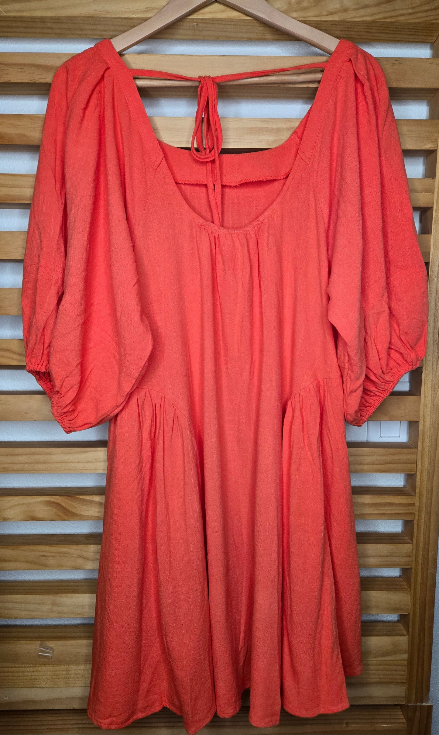 orange dress, back tie dress, balloon sleeves, boho fashion, modest style, women’s clothing, romantic look, casual outfit