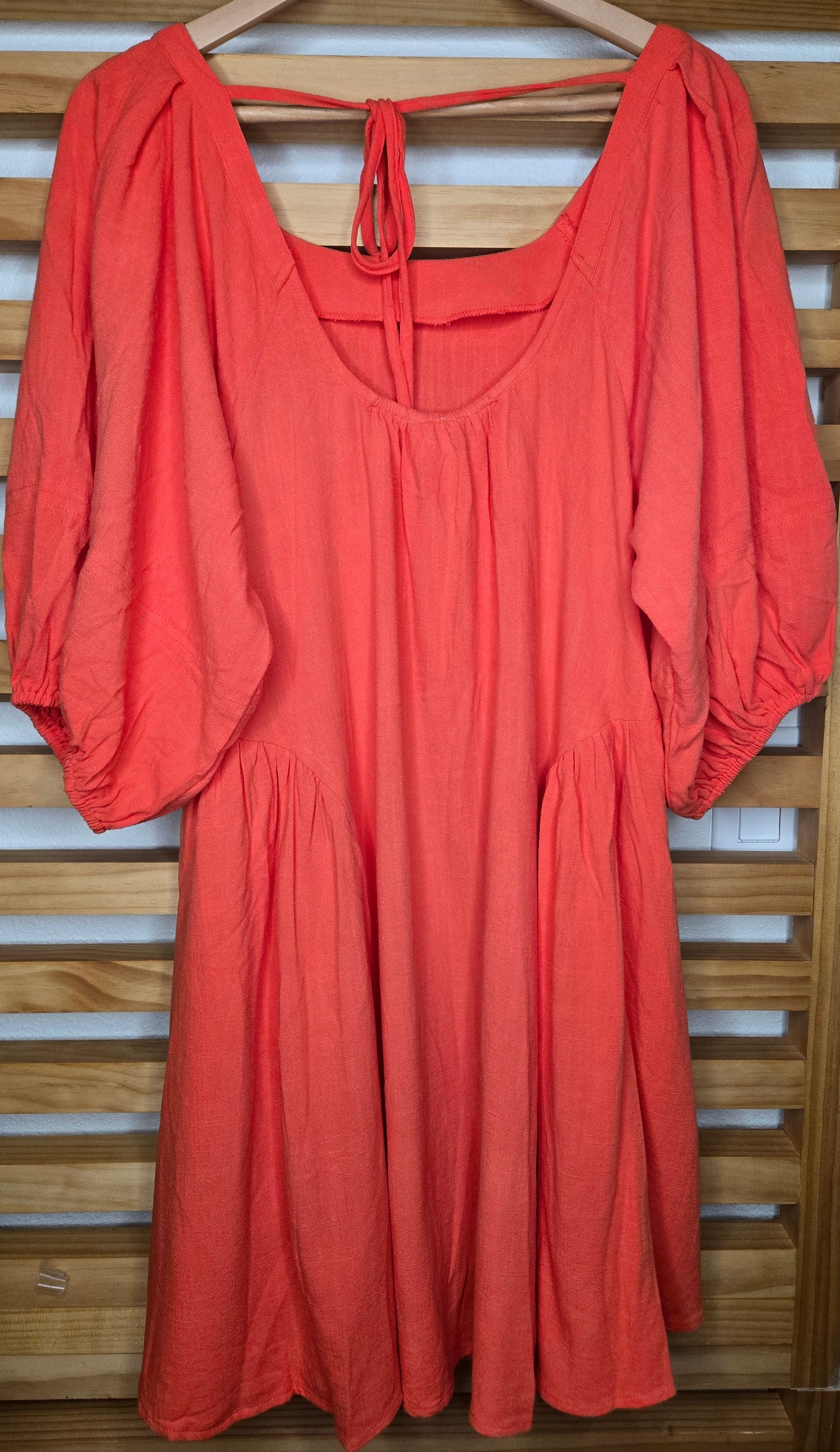 orange dress, back tie dress, balloon sleeves, boho fashion, modest style, women’s clothing, romantic look, casual outfit
