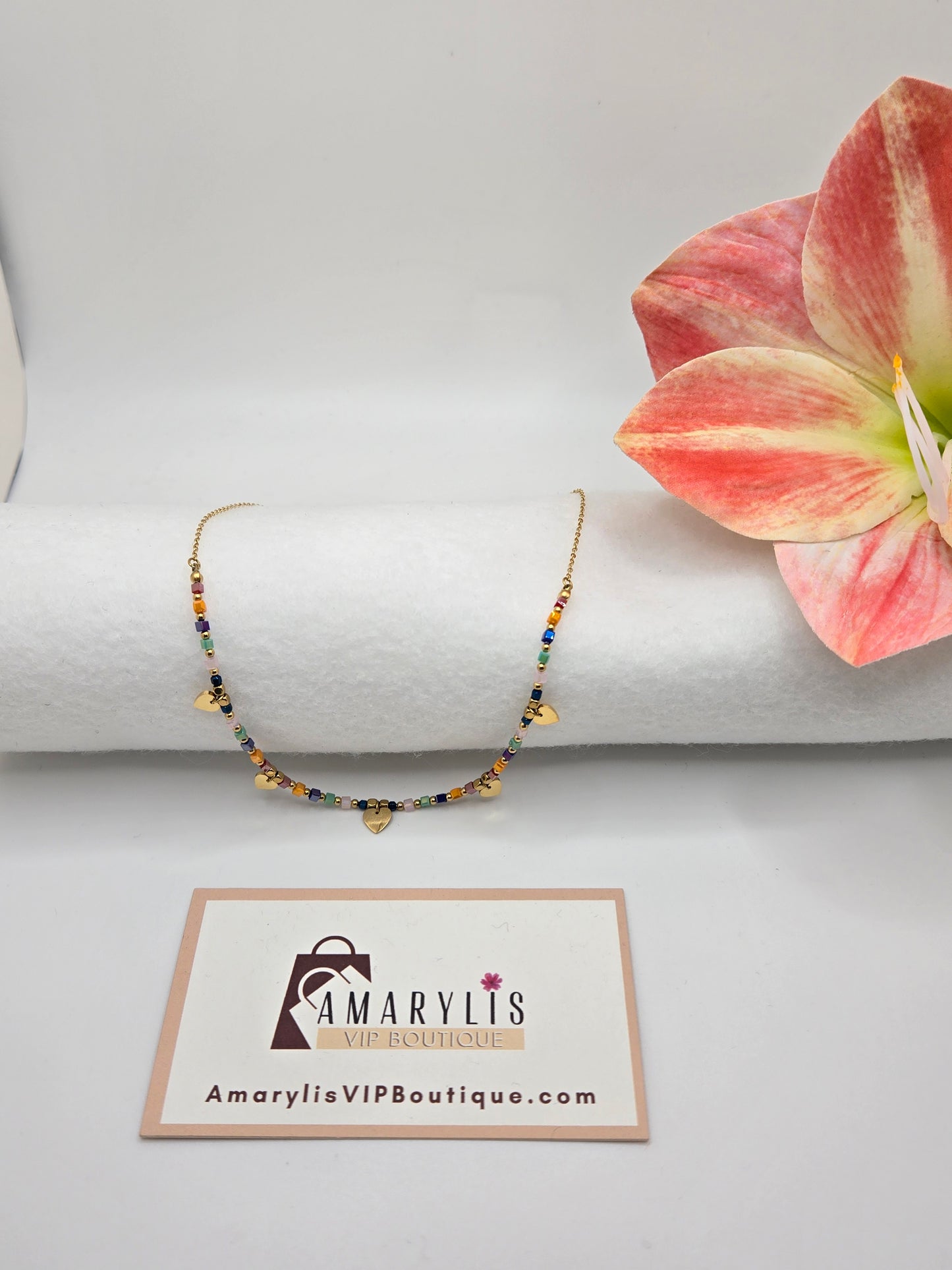 Delicate 18K Gold Necklace with Colorful Beads and Multiple Heart Charms (Tarnish-Free)