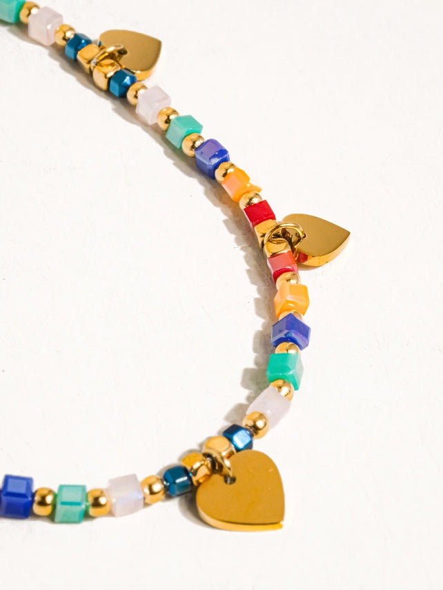 Delicate 18K Gold Necklace with Colorful Beads and Multiple Heart Charms (Tarnish-Free)