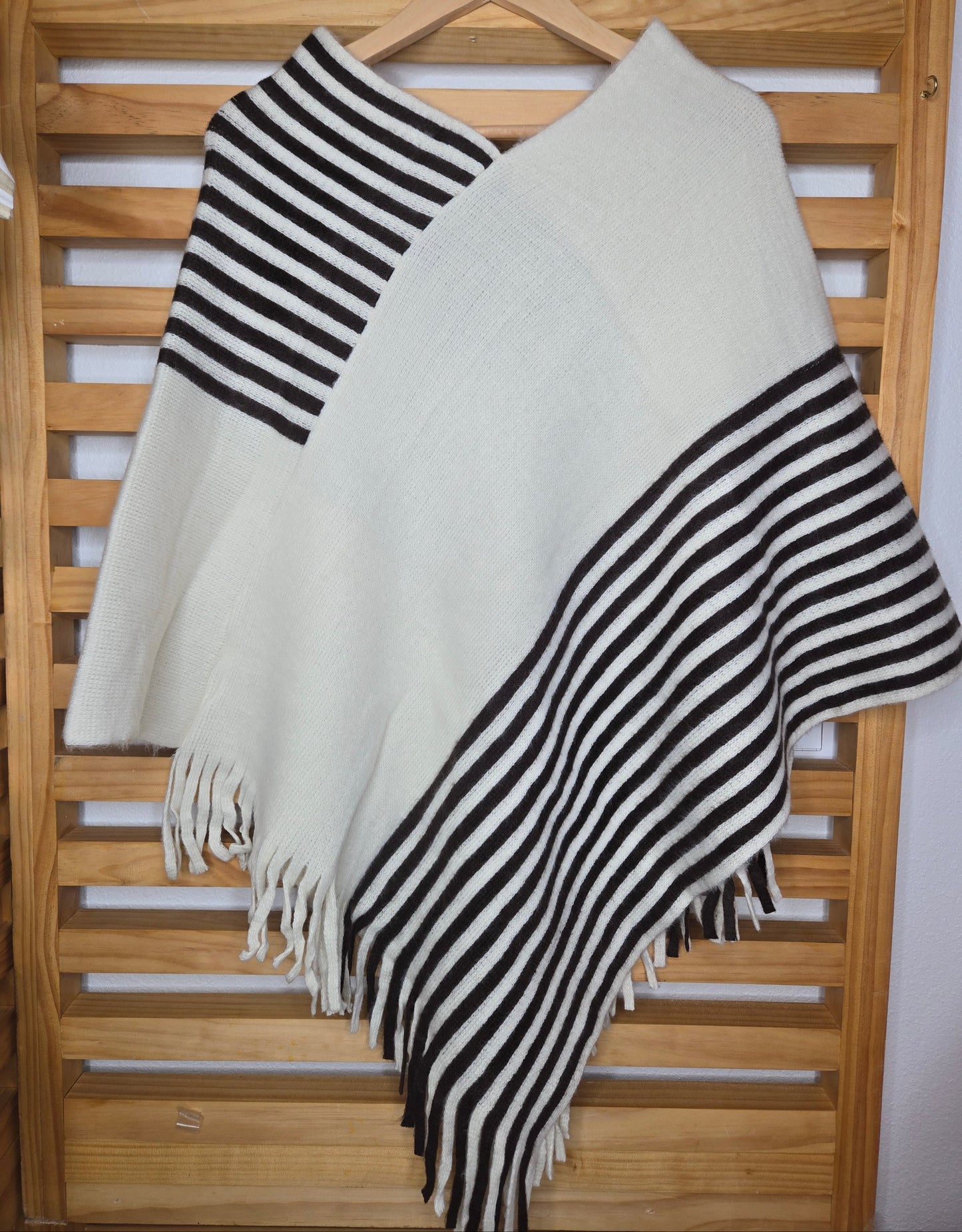 back, poncho, asymmetrical poncho, striped poncho, boho chic, fall fashion, layering piece, one size, cozy style, women’s fashion