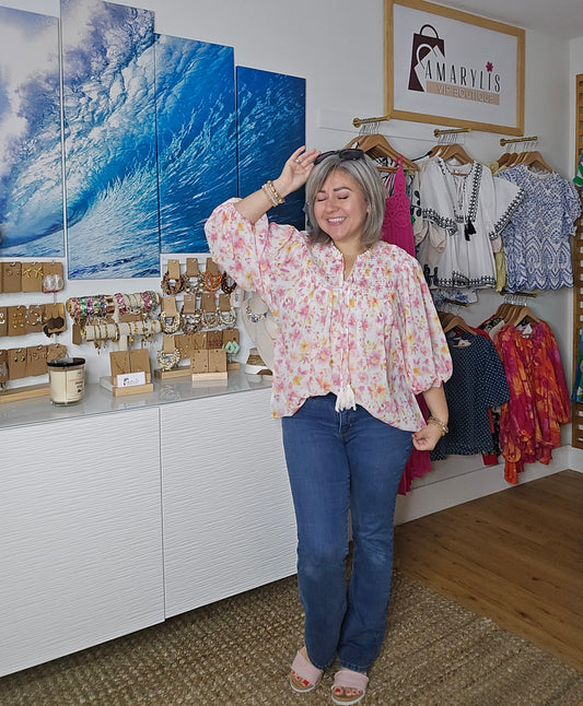 Boho Floral Smocked Blouse with Tassel Tie & Puff Sleeves