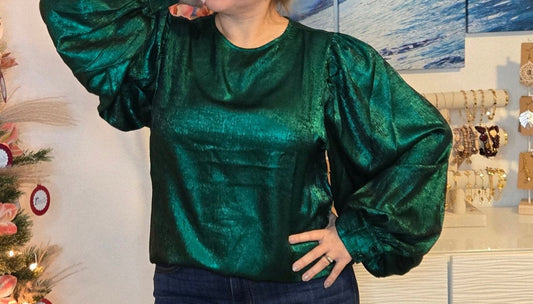 Elegant Metallic Fabric Blouse with Balloon Sleeves (green)