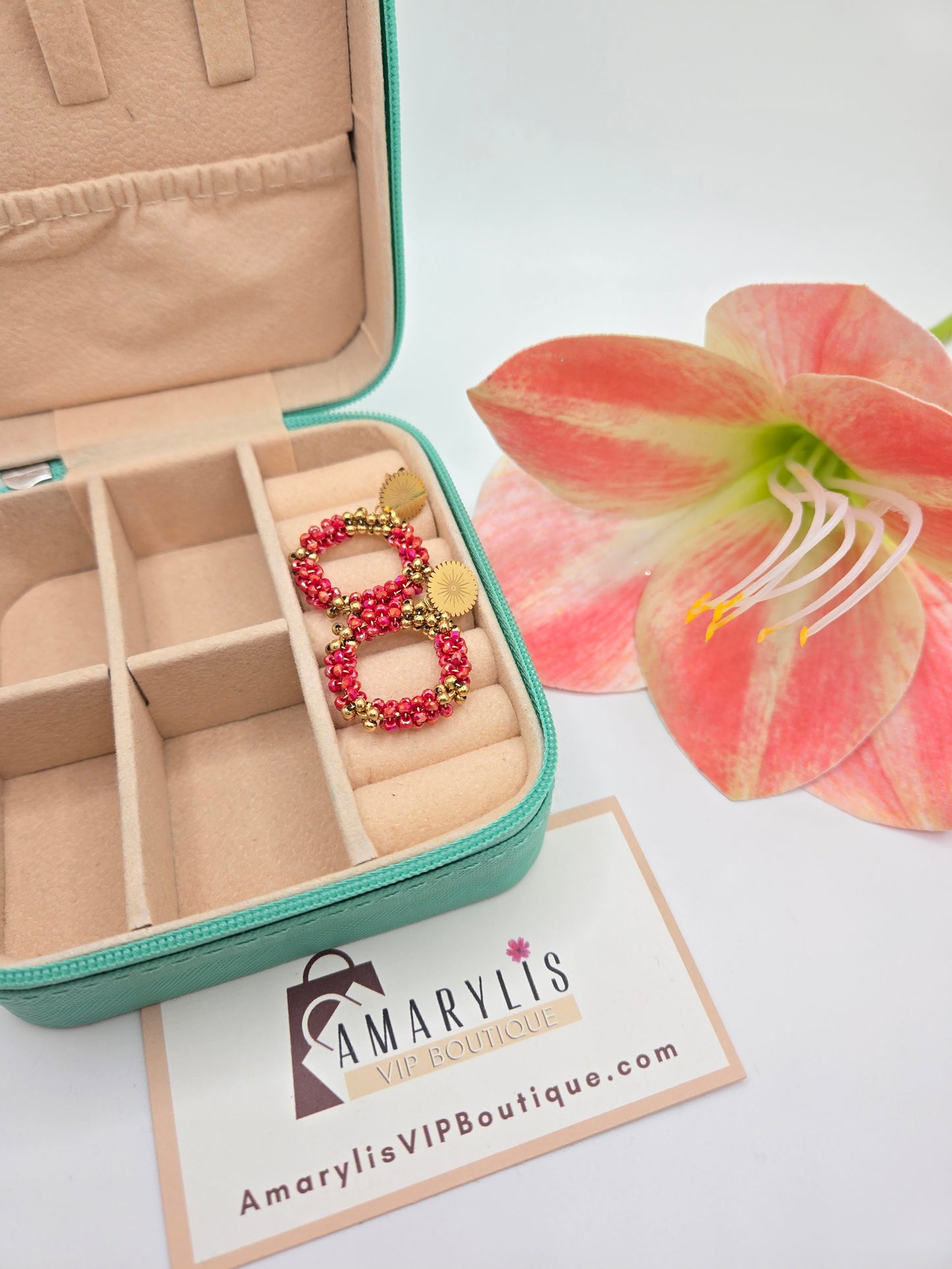 Golden Red Beaded Hoop Earrings