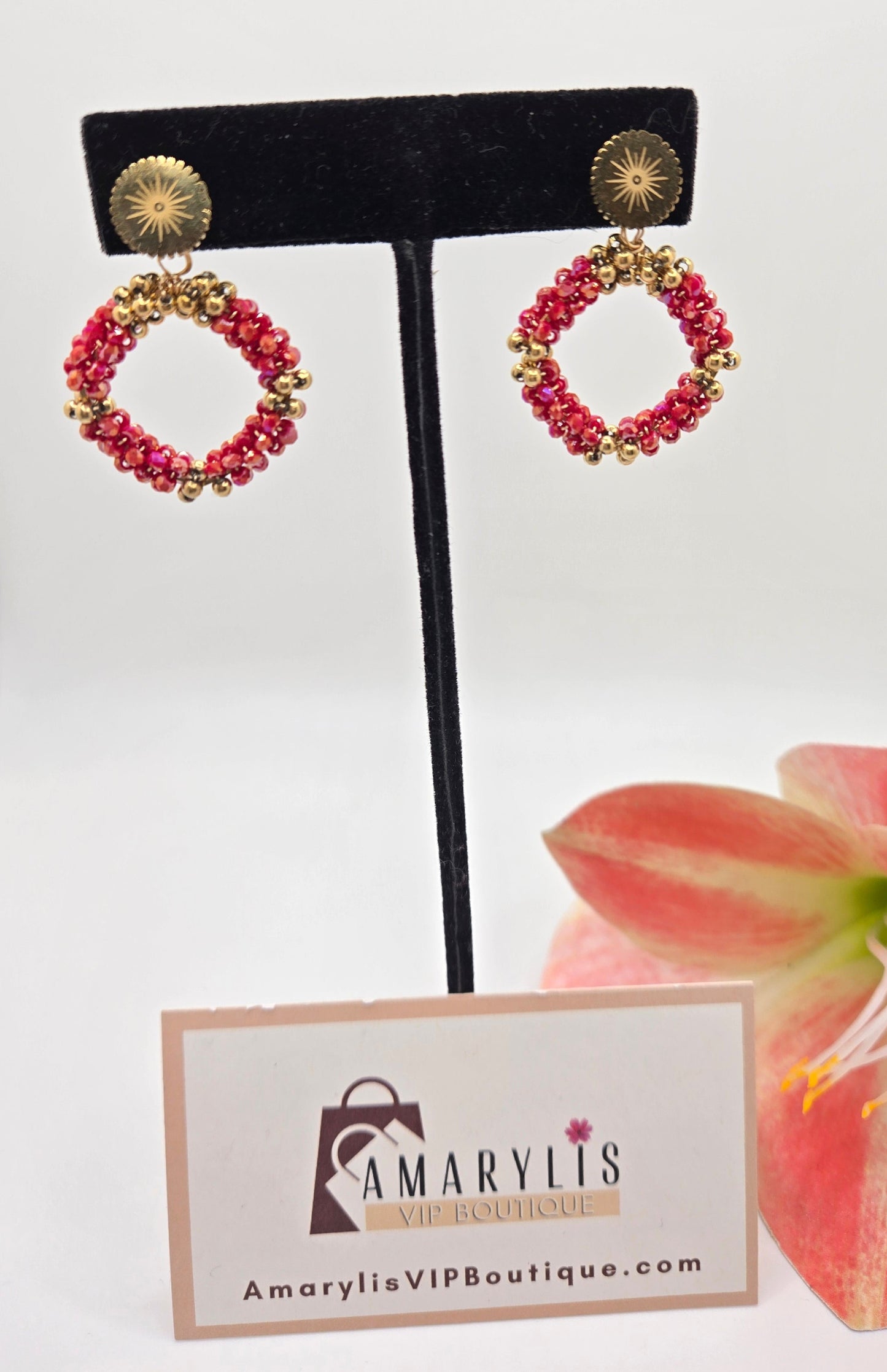 Golden Red Beaded Hoop Earrings