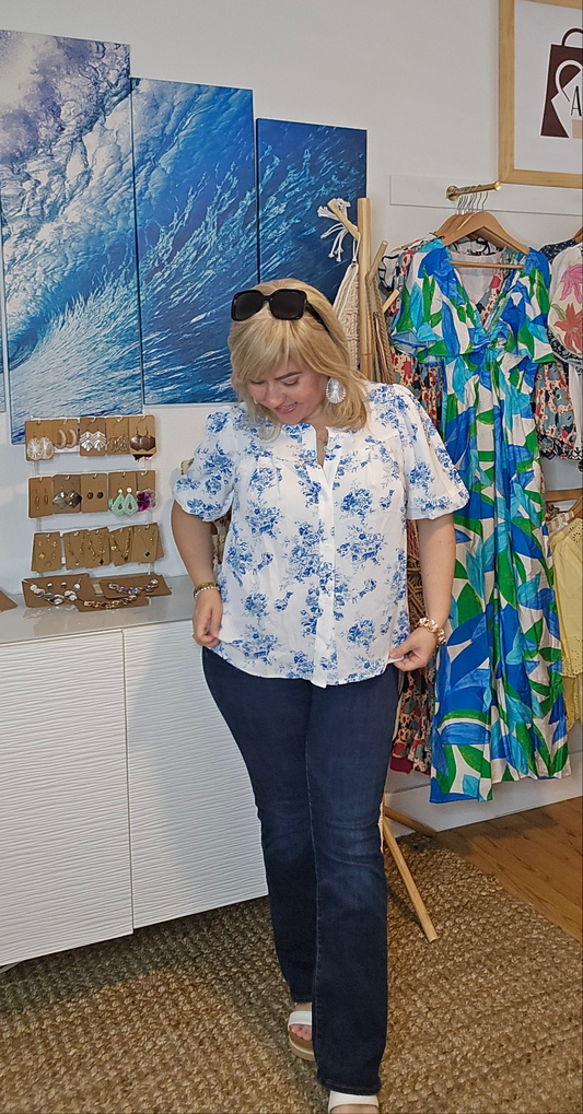 floral shirt, puff sleeves, casual wear, button-up blouse, light fabric, feminine style, versatile top, romantic fashion, spring outfit, boho touch, amarylisVIP Boutique, amarylis, boho