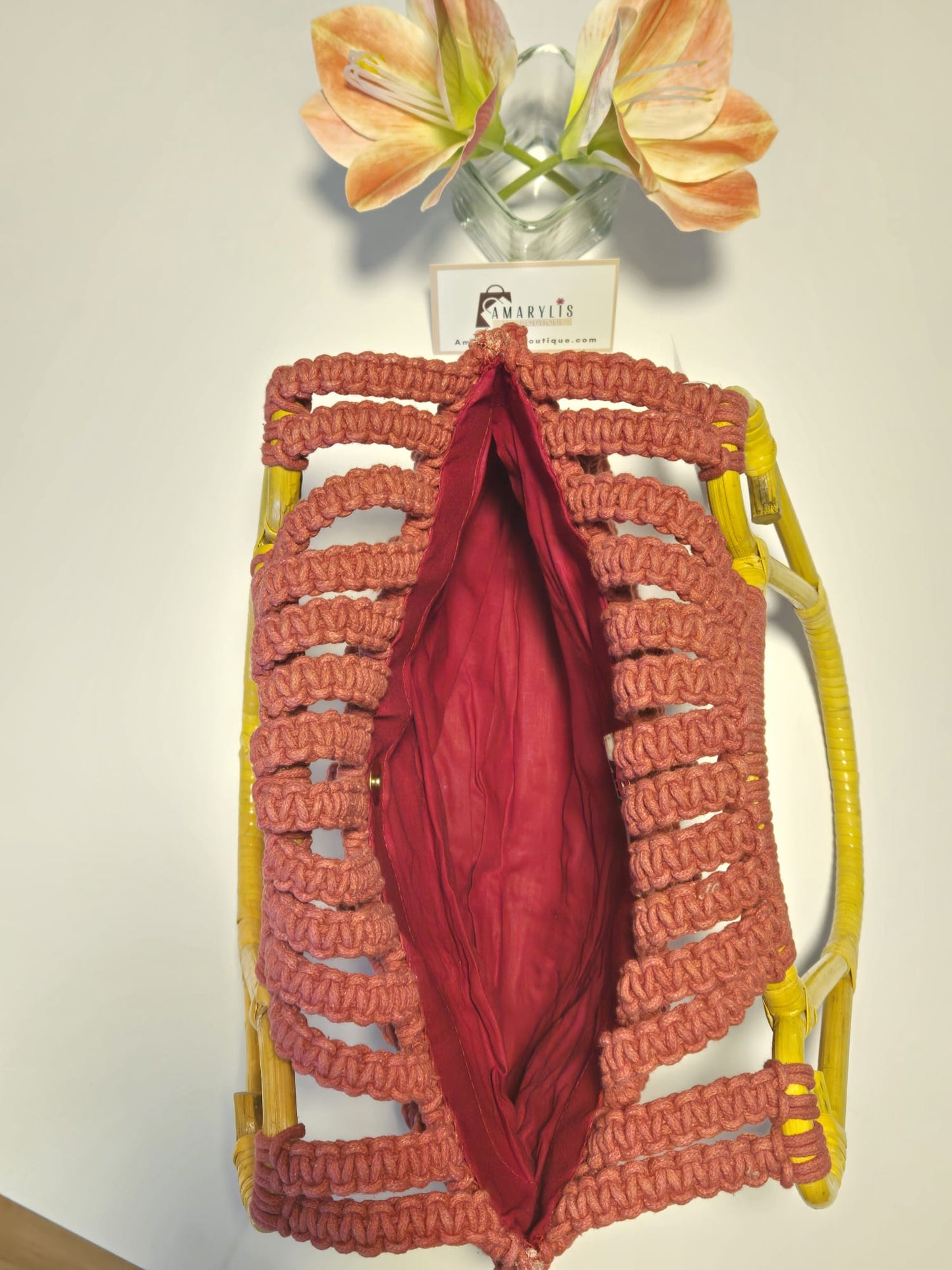 Cotton Macrame Bag with Cane Handles