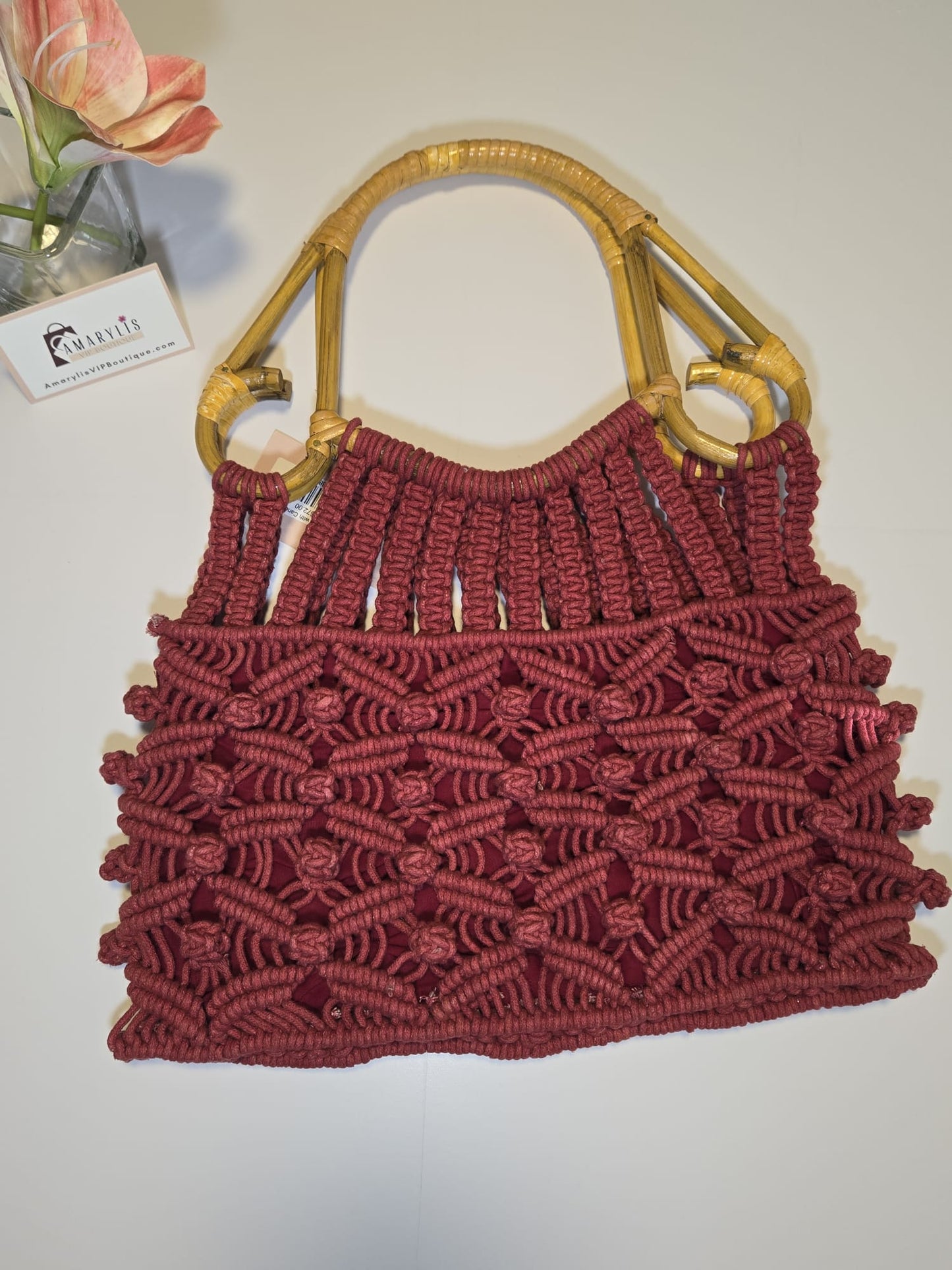 Cotton Macrame Bag with Cane Handles