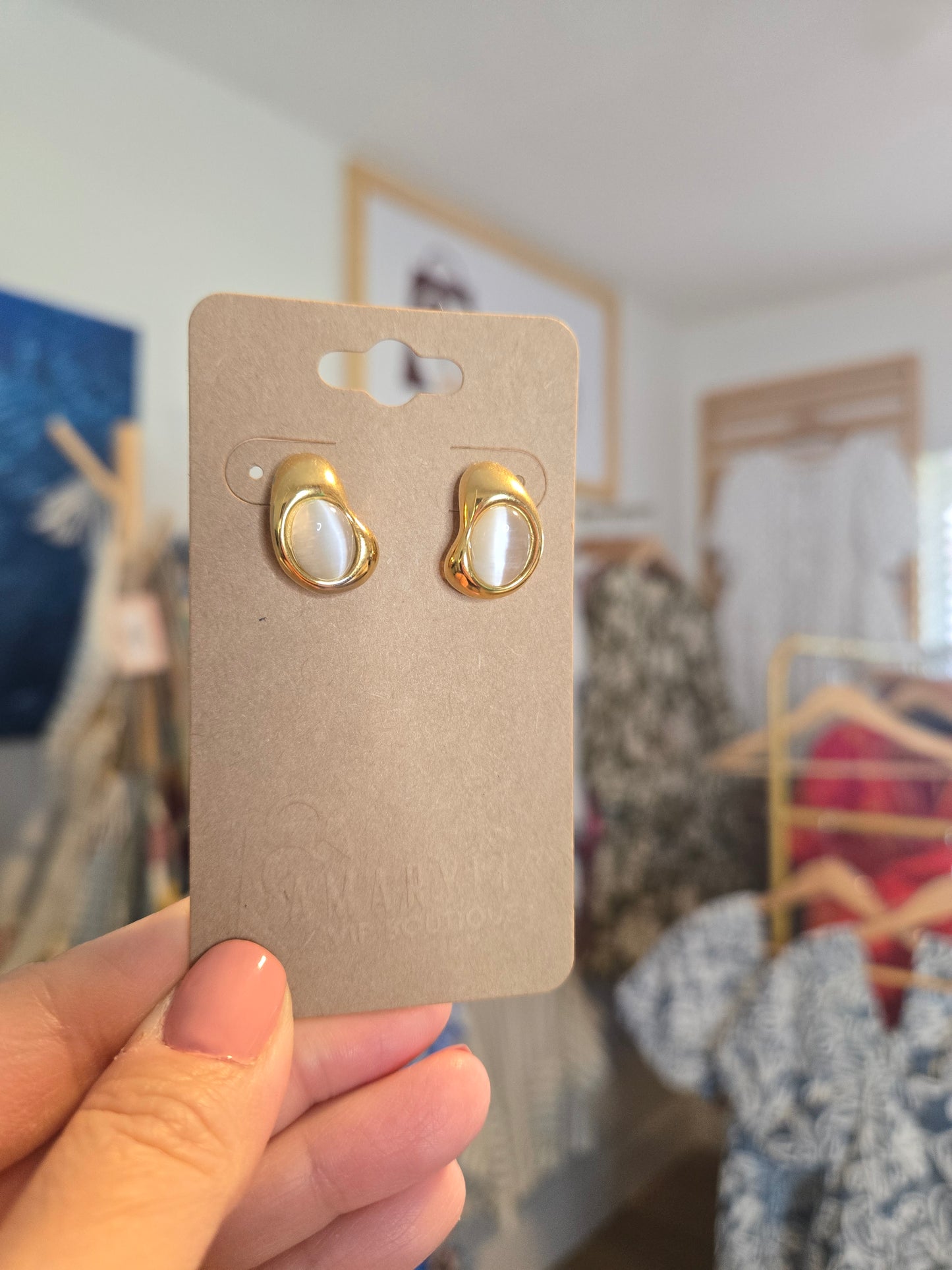 Color Gold Bean Stud Earrings with Stone Center