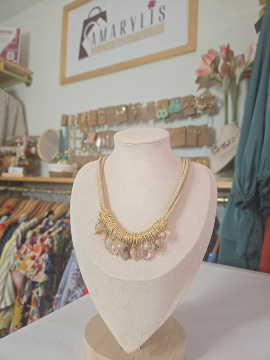 Layered Beaded Statement Necklace Set in Beige and Gold