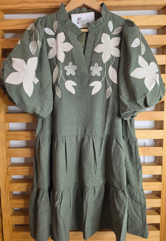 Olive Floral Embroidered Tiered Dress