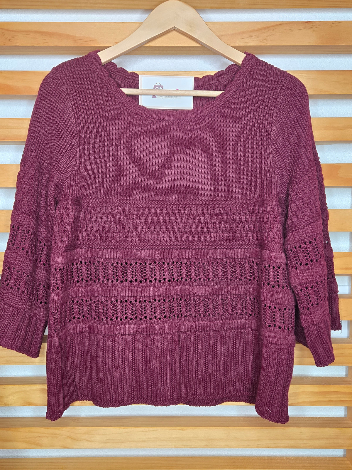 crochet sweater, spring top, knit pullover, boho style, wine sweater, women’s fashion, casual chic, textured knit, 3/4 sleeve top