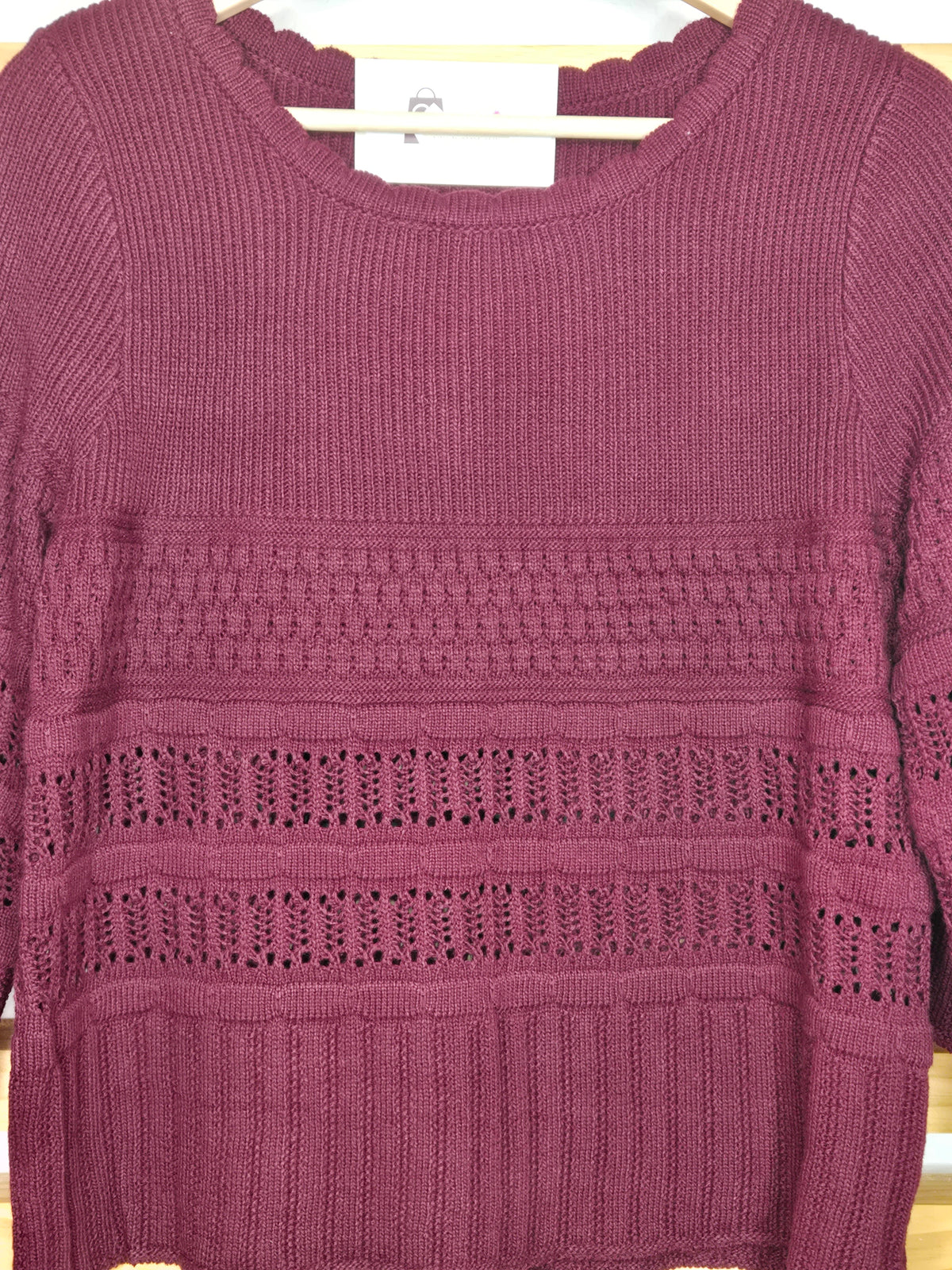 crochet sweater, spring top, knit pullover, boho style, wine sweater, women’s fashion, casual chic, textured knit, 3/4 sleeve top