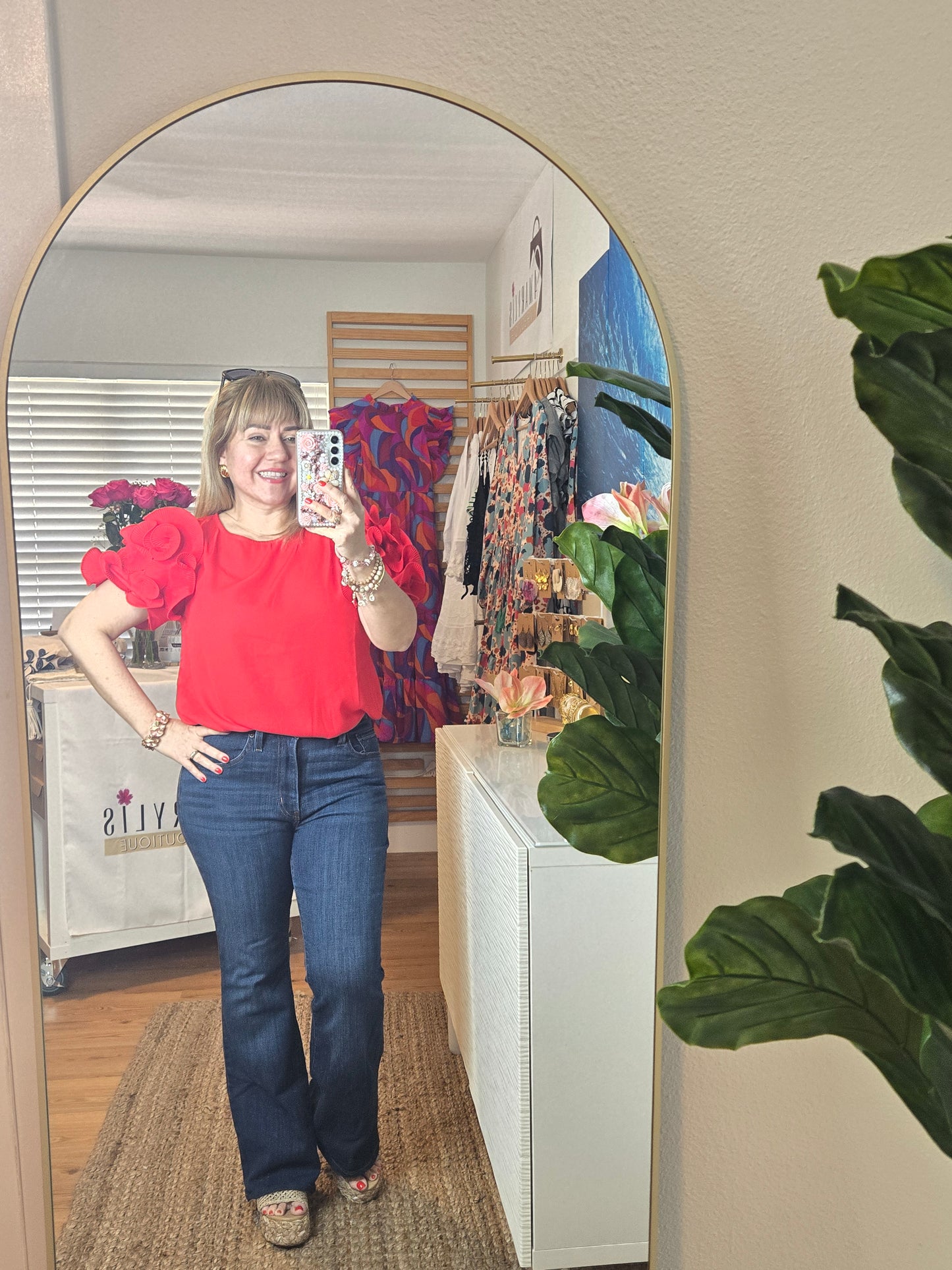 Red Blouse with Puff Sleeves and Ruffled Neckline