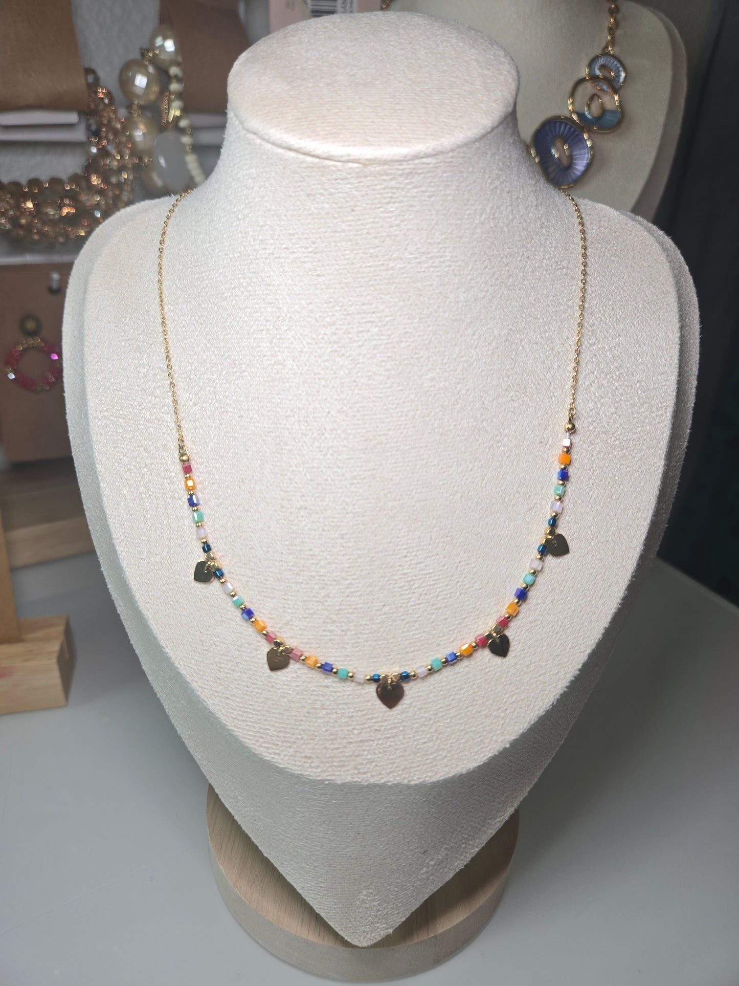 Delicate 18K Gold Necklace with Colorful Beads and Multiple Heart Charms (Tarnish-Free)