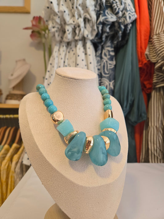 Turquoise & Gold Acrylic Chunky Statement Necklace