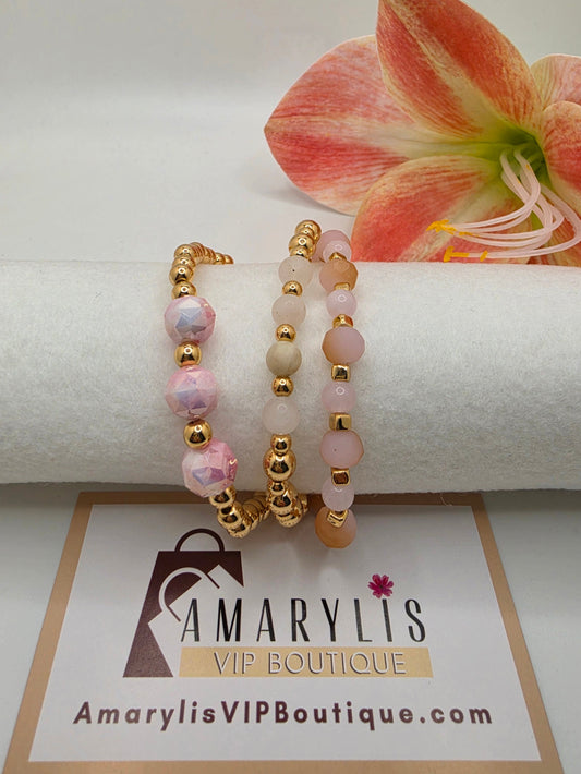 Set of rose pink faceted stone stretch bracelets with gold-tone beads