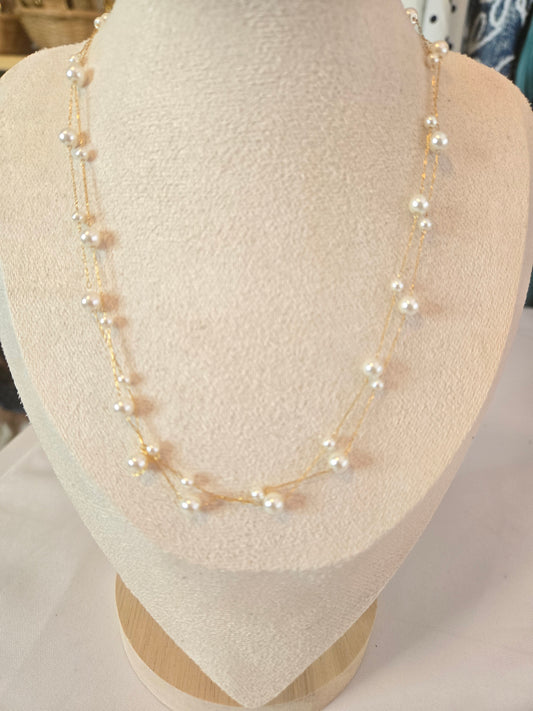 Layered Stainless Steel Chain Necklace with Pearl Accents
