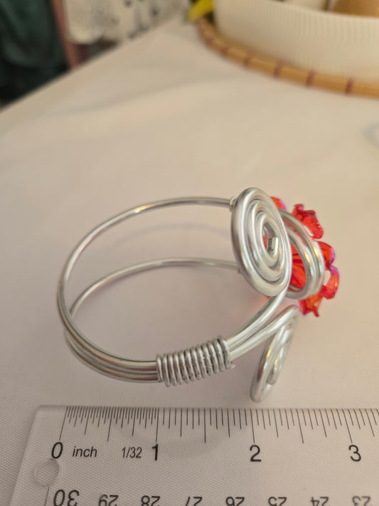 Handcrafted Silver-Tone Adjustable Bracelet with Pink Flower Charm