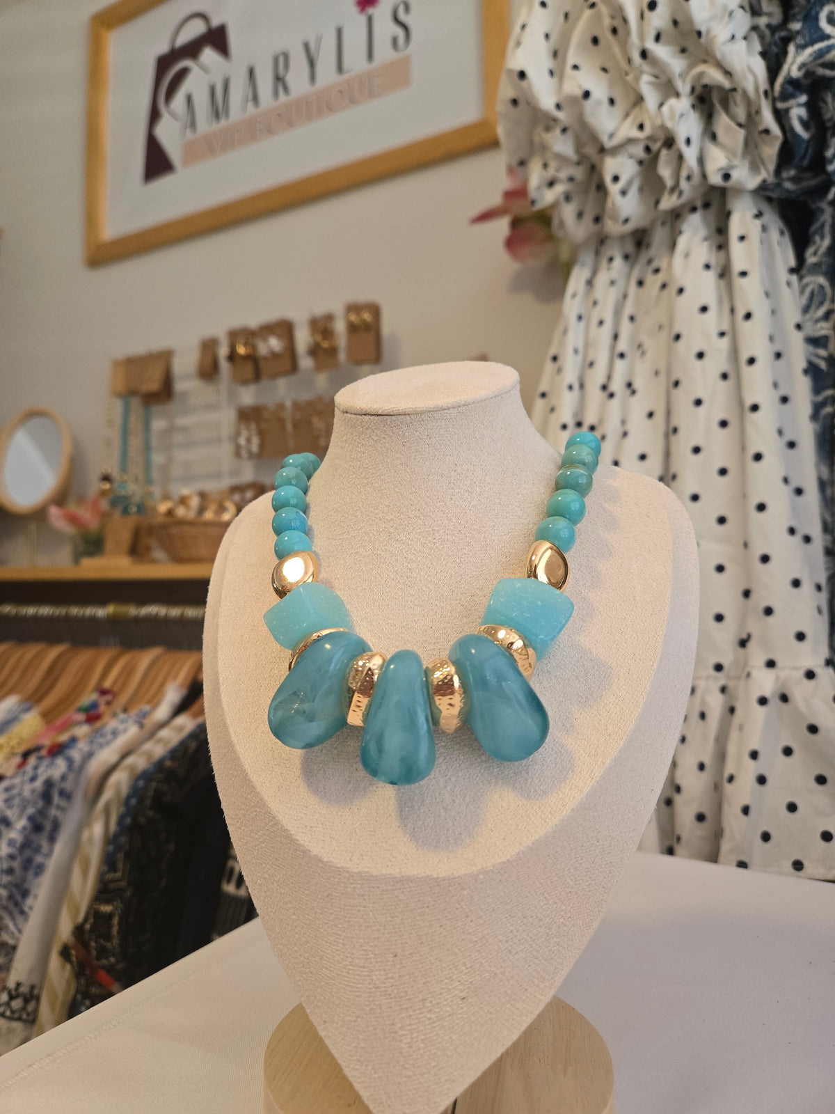 Turquoise & Gold Acrylic Chunky Statement Necklace