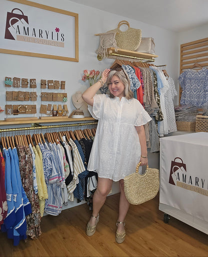 White Eyelet Embroidered Button-Front Shirt Dress