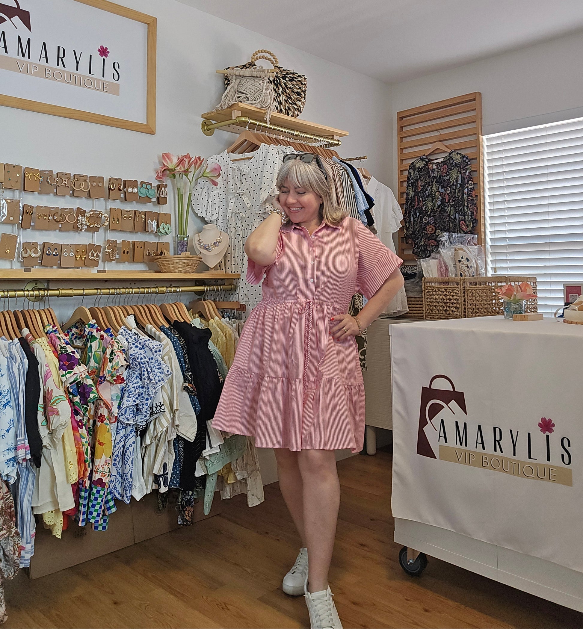 Red Striped Cotton Casual Dress with Roll-Up Short Sleeves – Amarylis VIP Boutique