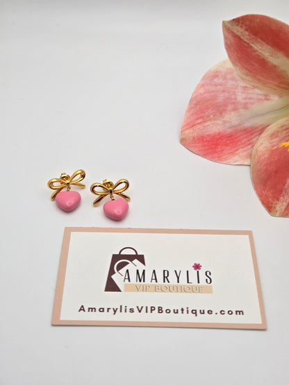 18K Gold Dainty Bow Heart Earrings - Non-Tarnish