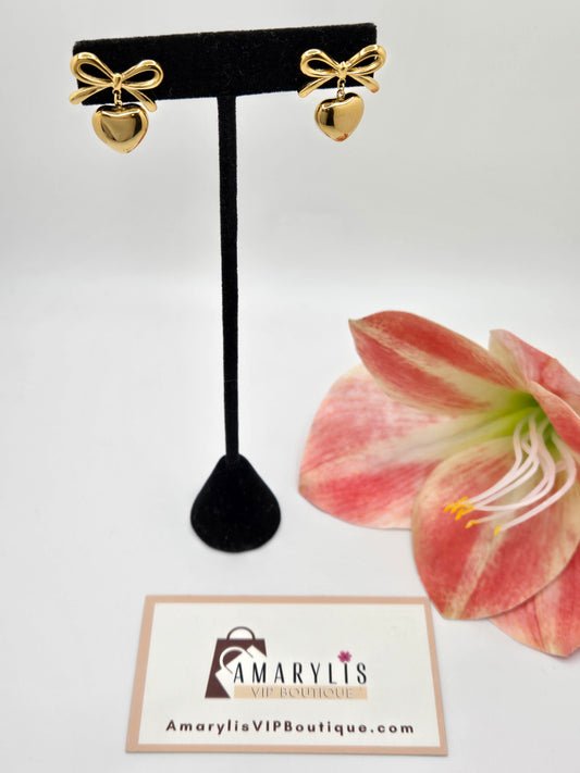 18K Gold Dainty Bow Heart Earrings - Non-Tarnish
