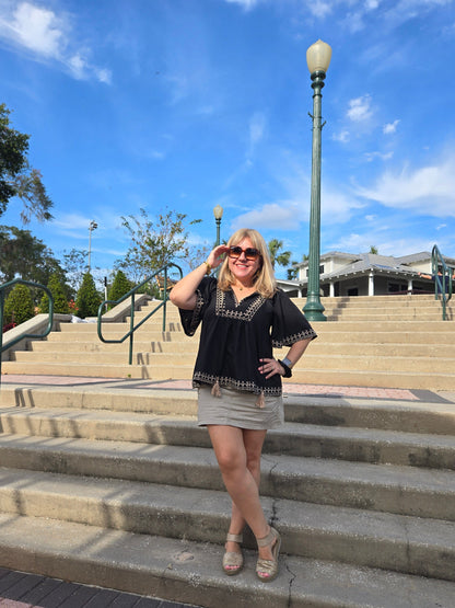 Boho-Inspired Blouse with Embroidery and Tie Neck Detail