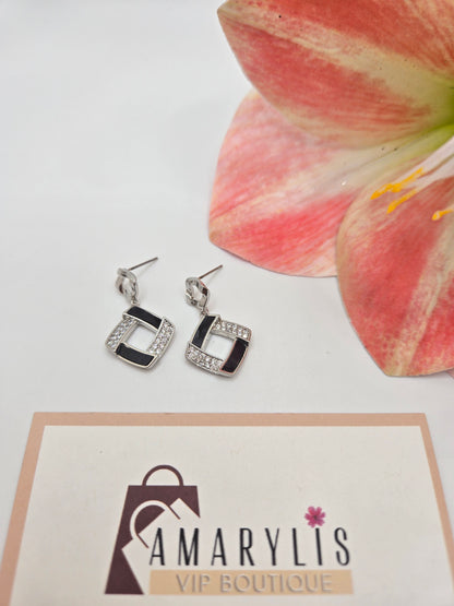 Silver and Black Earrings with Zirconia Details