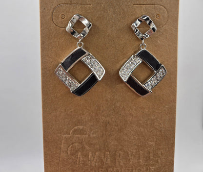 Silver and Black Earrings with Zirconia Details