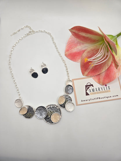 Silver Circle Necklace and Earrings Set in Gray and White Tones